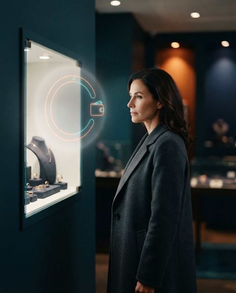 Customer looking at a jewelry display case with a holographic progress ring and a wallet icon floating beside her