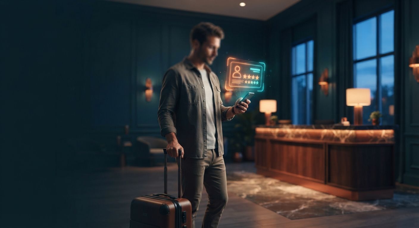Guest with a suitcase checking their member card in a hotel lobby
