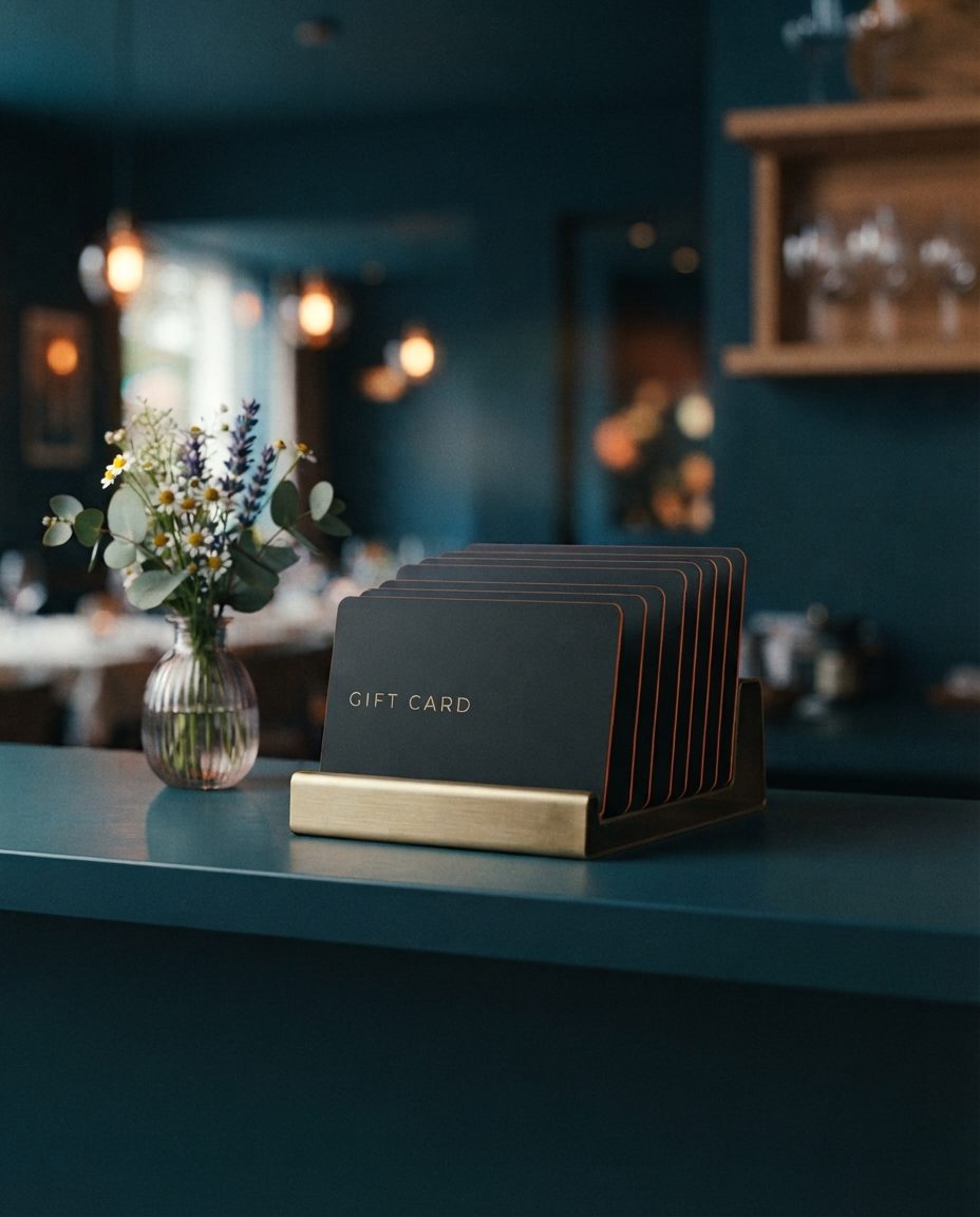 Brass stand with black gift cards reading GIFT CARD on a restaurant bar, next to a vase of flowers
