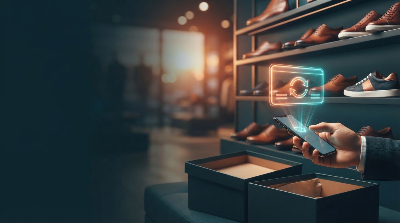 Hand holding a mobile phone and a holographic balance next to shoe boxes in a shoe store