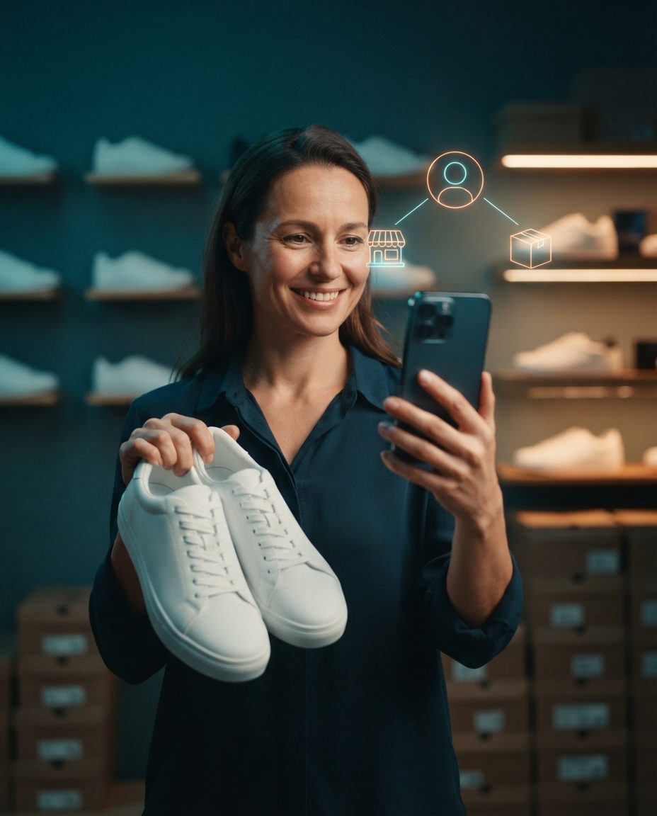 Customer in a shoe store holding white sneakers and her mobile phone, with a holographic avatar linked by two threads of light to a store icon and a shipping package icon