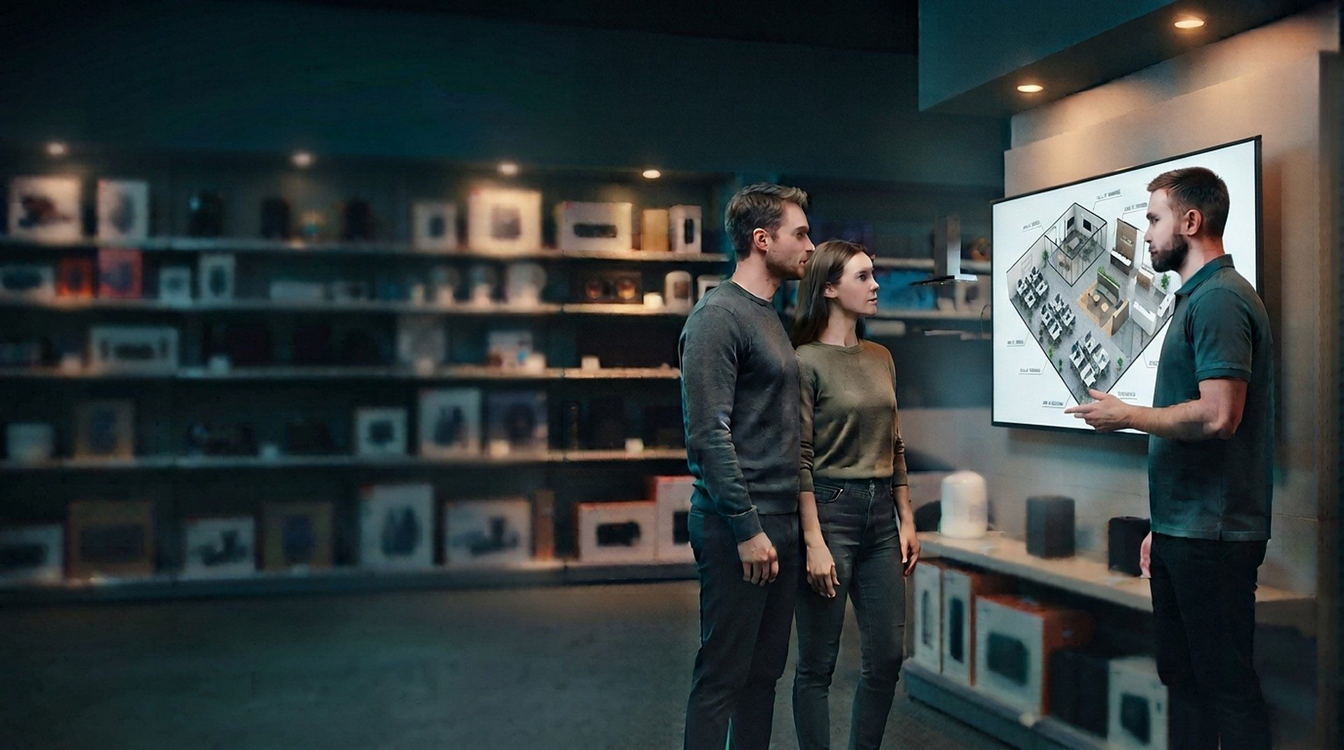 Couple in front of a screen with a 3D floor plan of an interior space in an electronics and home store, with a sales associate explaining it to them