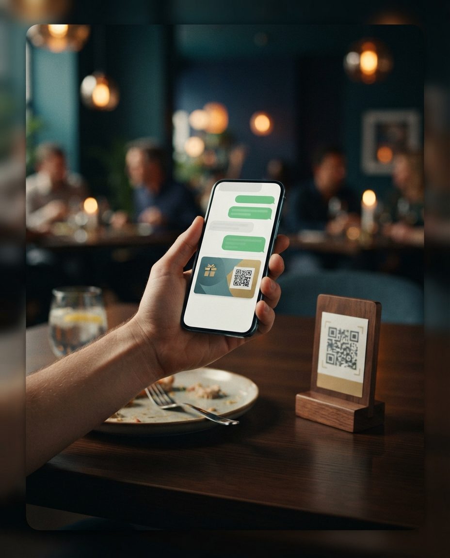 Hand holding a phone with a WhatsApp chat and a member pass with a QR code on a restaurant table, next to a QR code stand