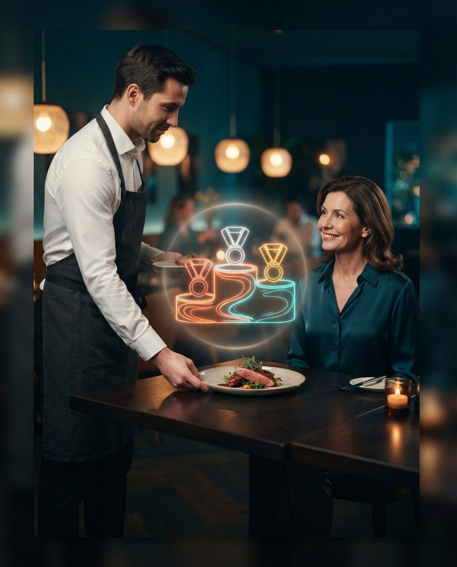 Waiter serving a dish to a regular customer in a restaurant, with a holographic podium of medals on the table representing frequency-based tiers