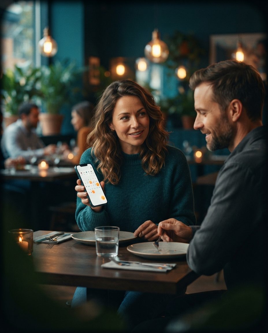 Restaurant customer showing a savings calendar with highlighted days on her phone while sharing a table with her partner