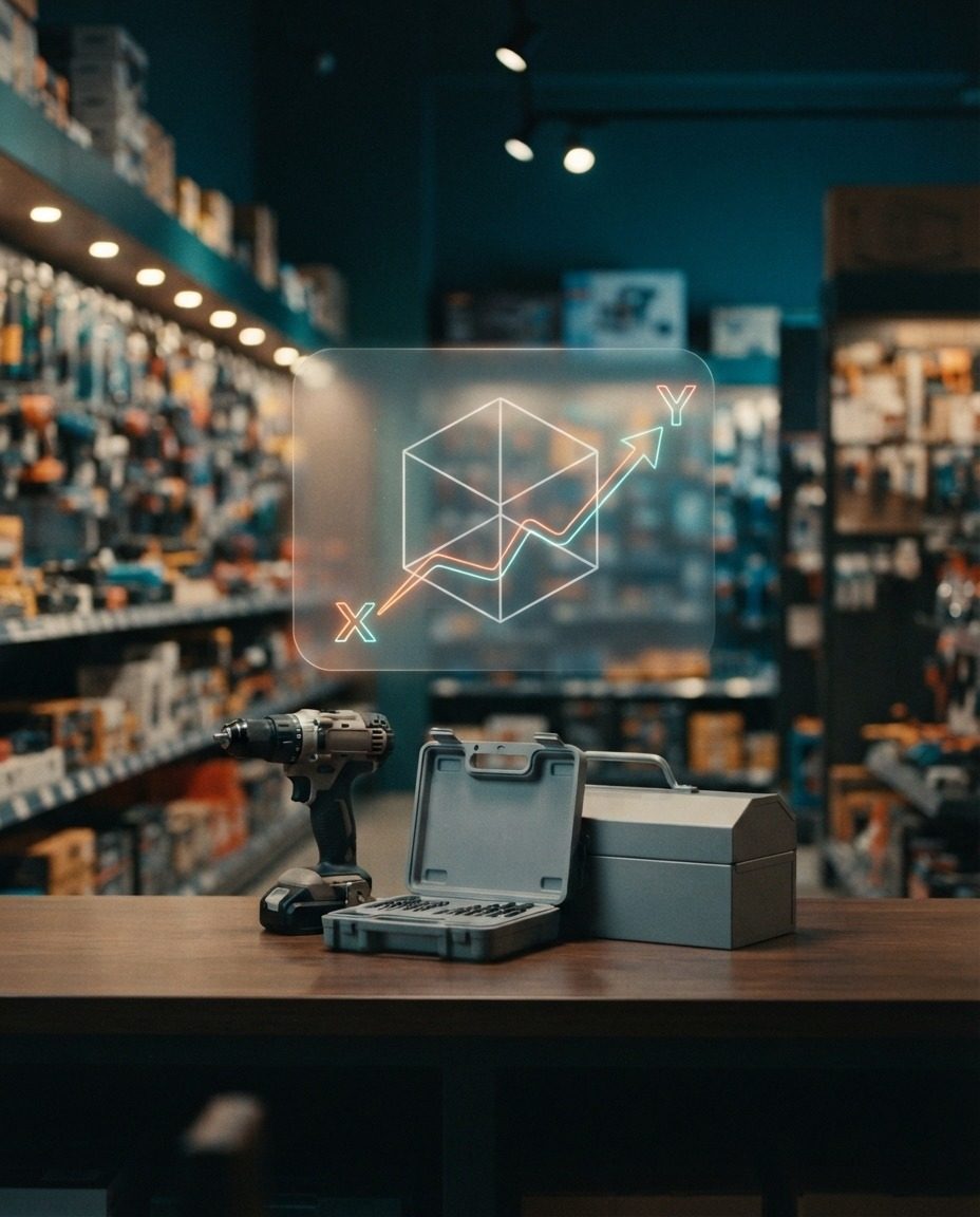 Drill, drill bit case and toolbox on a DIY store counter, with a holographic bundle cube and an X-to-Y arrow floating above