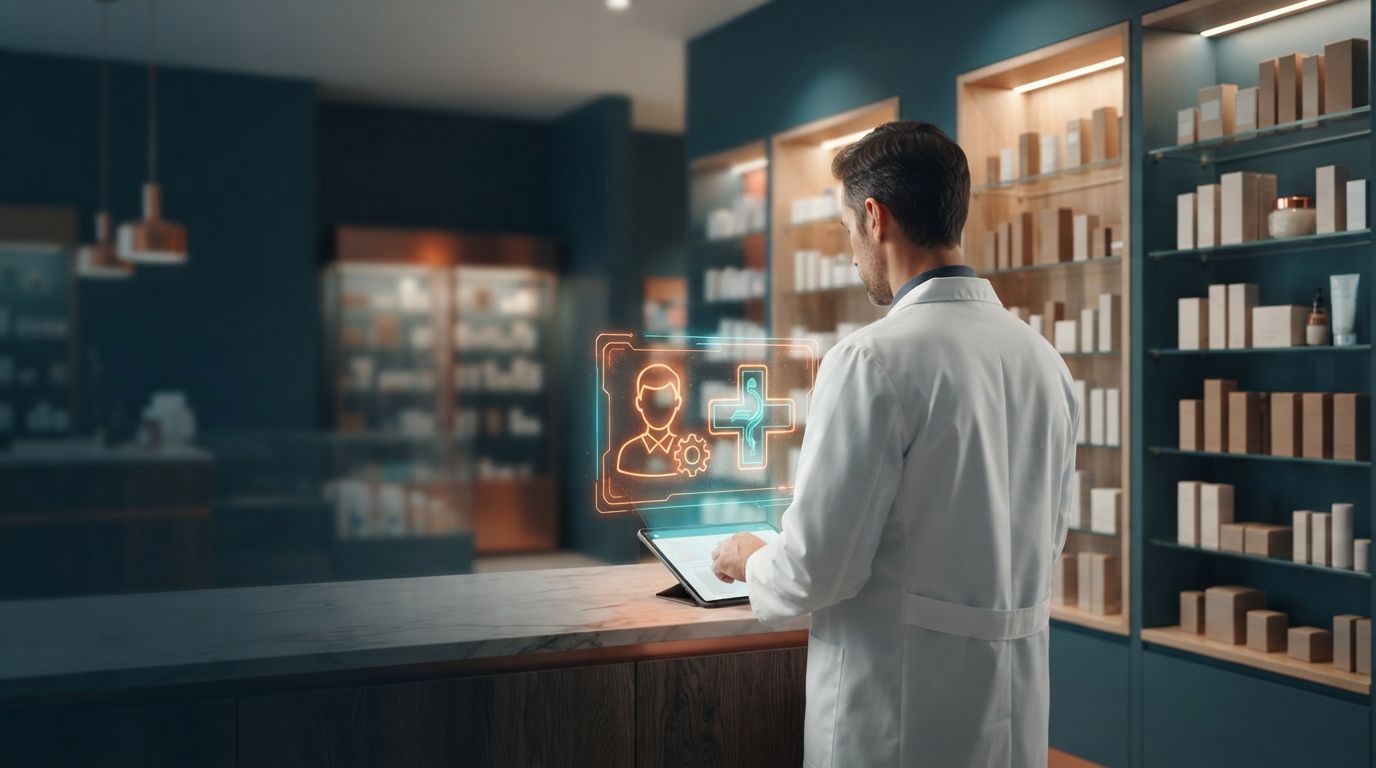 Pharmacist consulting a tablet with a holographic customer profile in a pharmacy