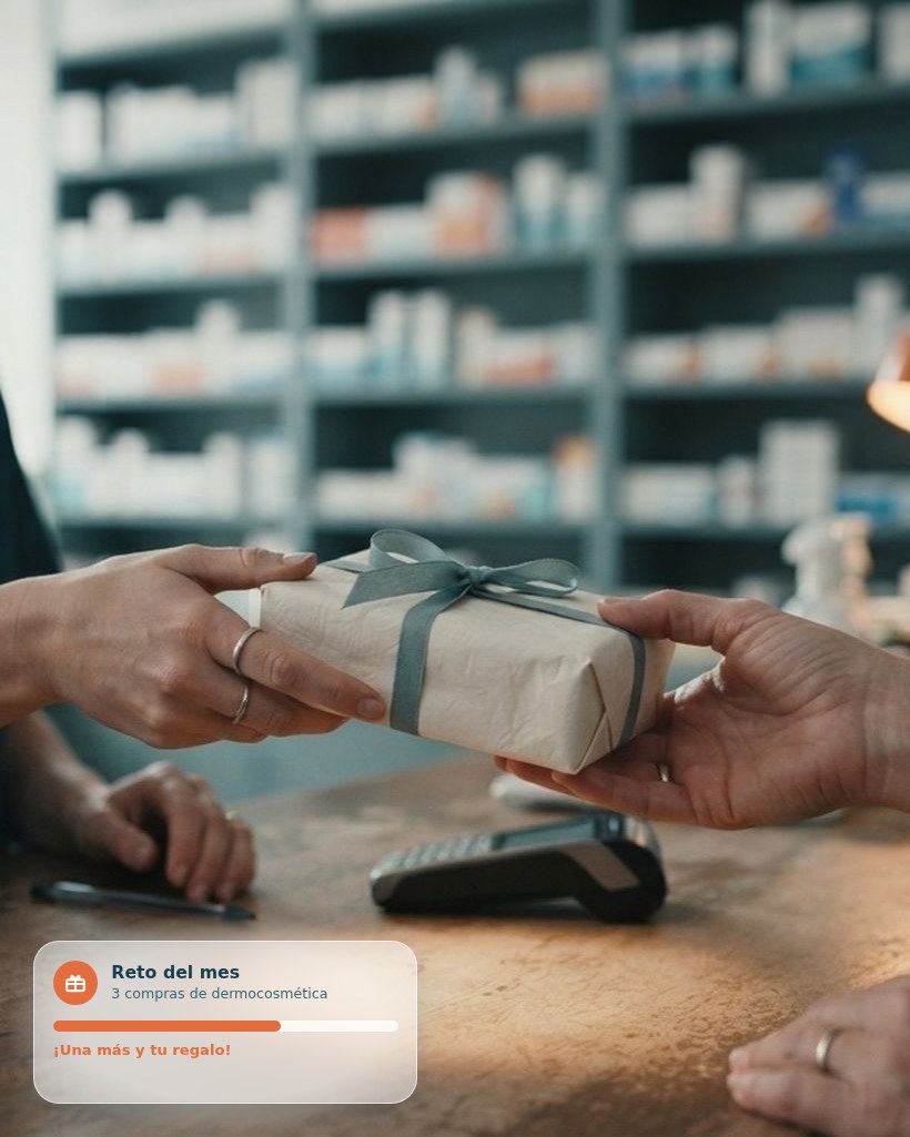 Mostrador de farmacia: la farmacéutica entrega un regalo envuelto a una clienta, y una tarjeta de reto del mes