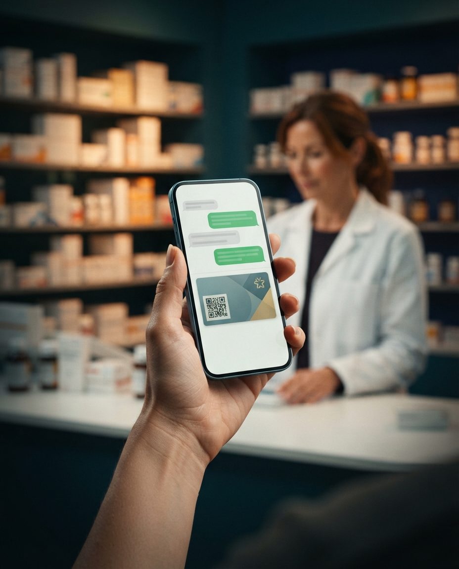 Hand holding a mobile phone showing a WhatsApp conversation and a member pass with a QR code, with a pharmacist in the background