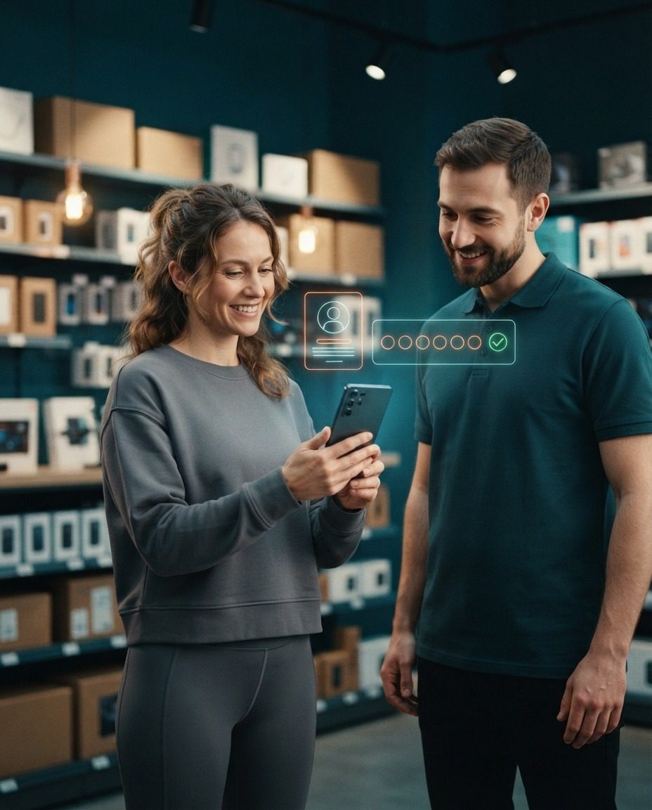 Smiling customer with her phone next to a store associate in an aisle of an electronics and home store, with a profile card and a six-circle code with a check mark floating