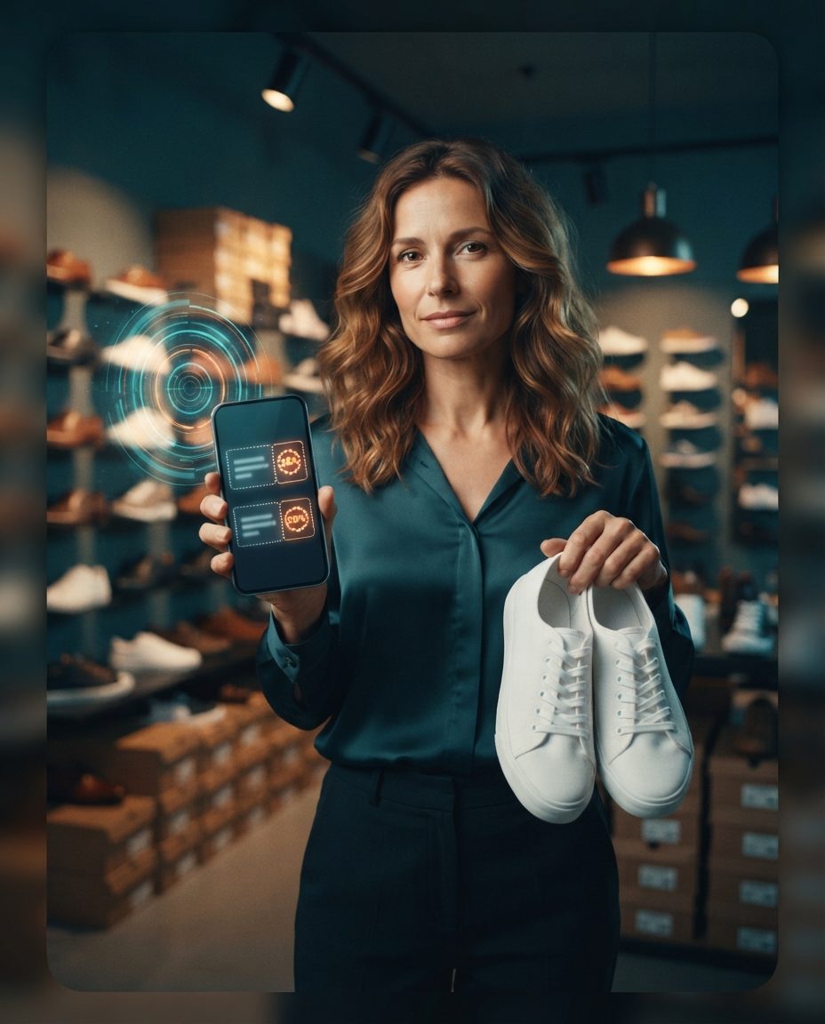 Customer in a shoe store holding white sneakers and a mobile phone showing two personalized coupons