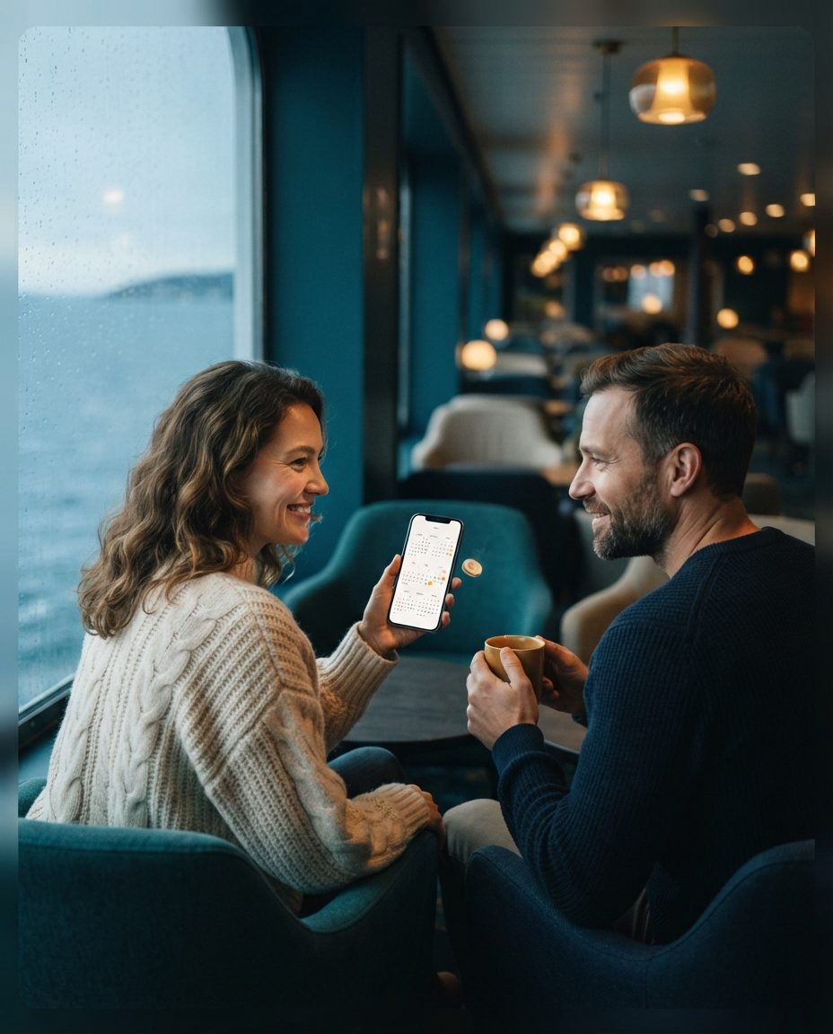 Couple in a ferry lounge by a window overlooking the sea, with the woman showing on her phone a calendar with highlighted dates and the man holding a coffee