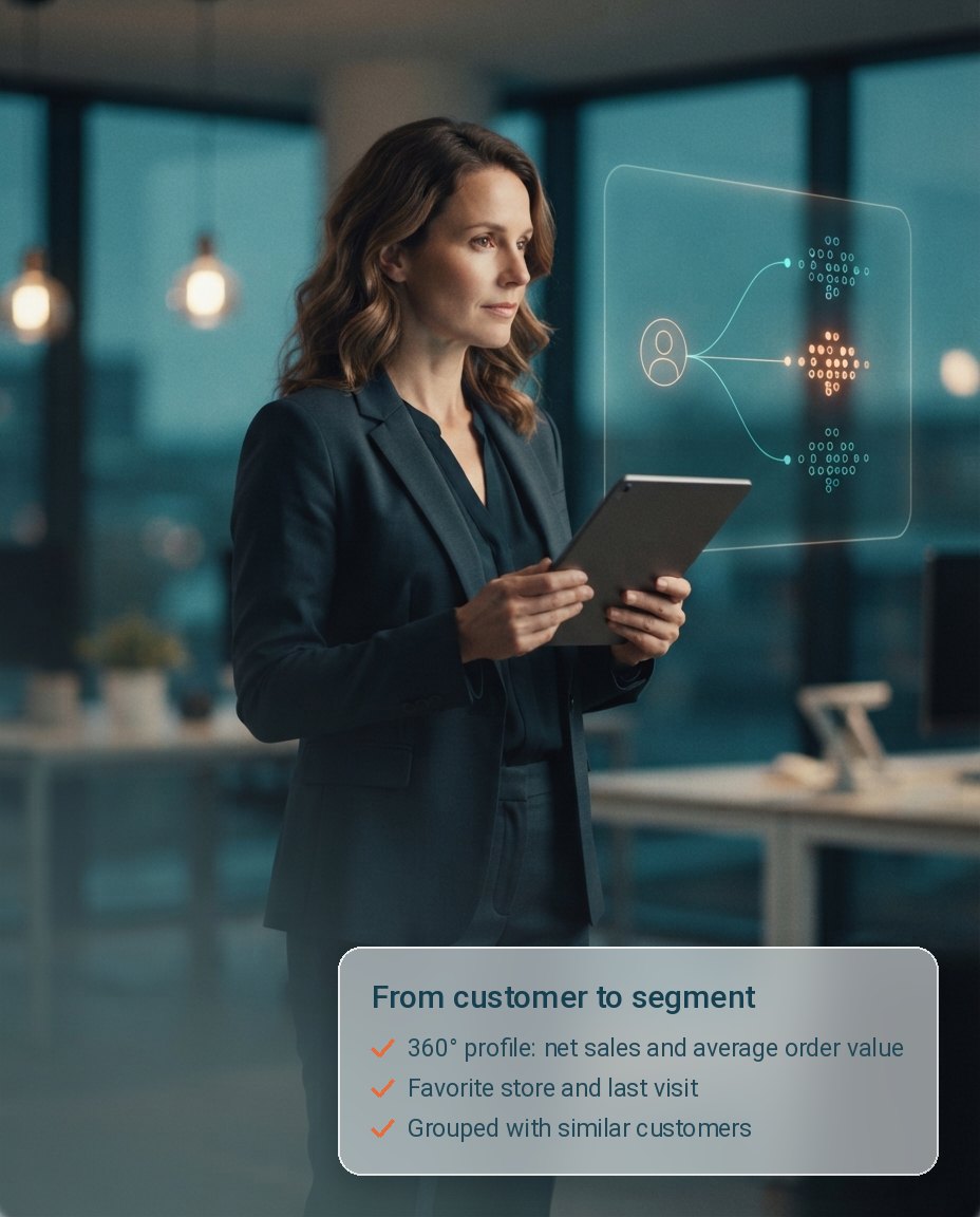 Marketing manager holding a tablet next to a holographic panel where a customer profile connects to groups of customers clustered by purchase behavior
