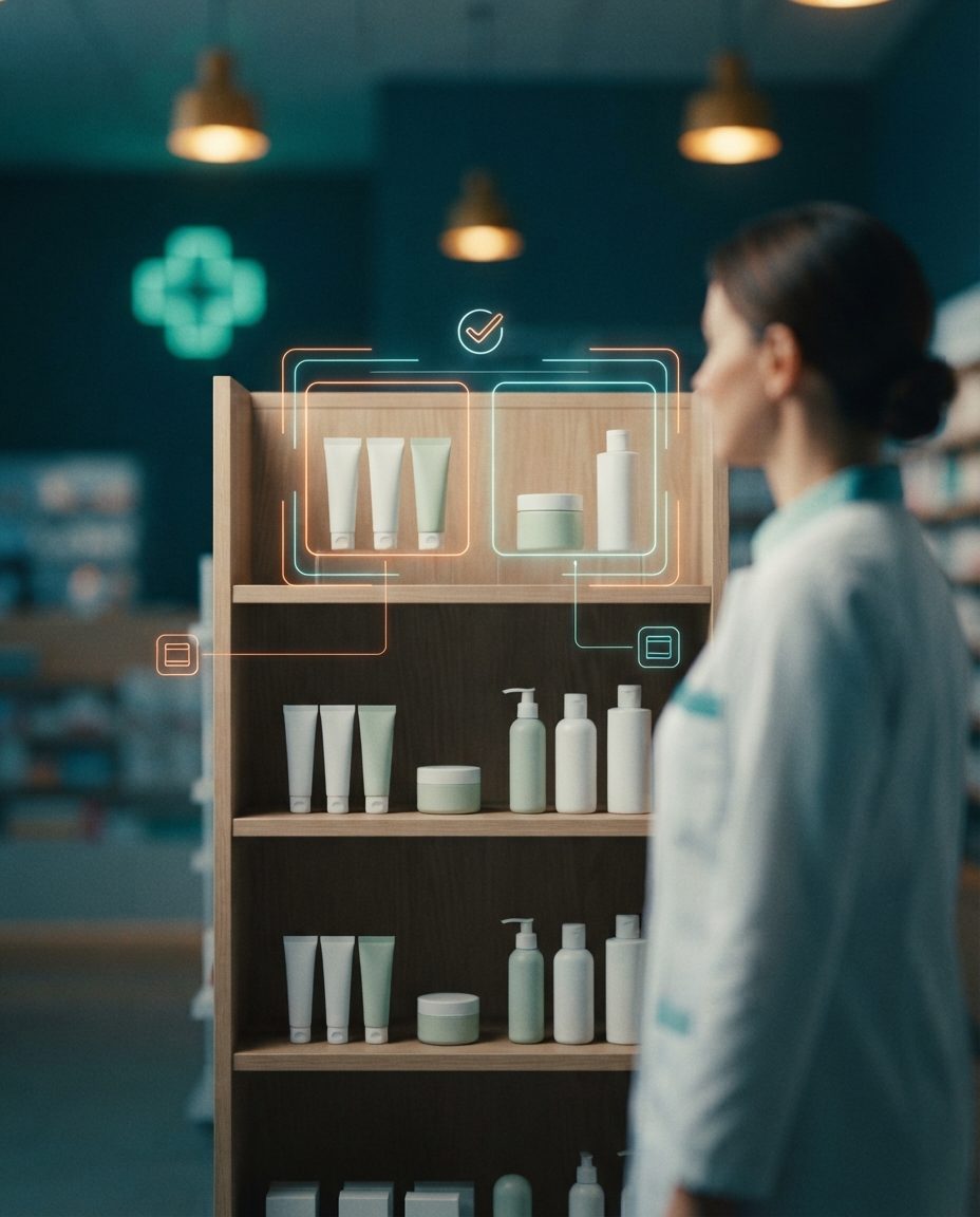 Pharmacy shelf with unbranded parapharmacy products arranged in three groups, with a holographic frame selecting two of the groups and a check floating above