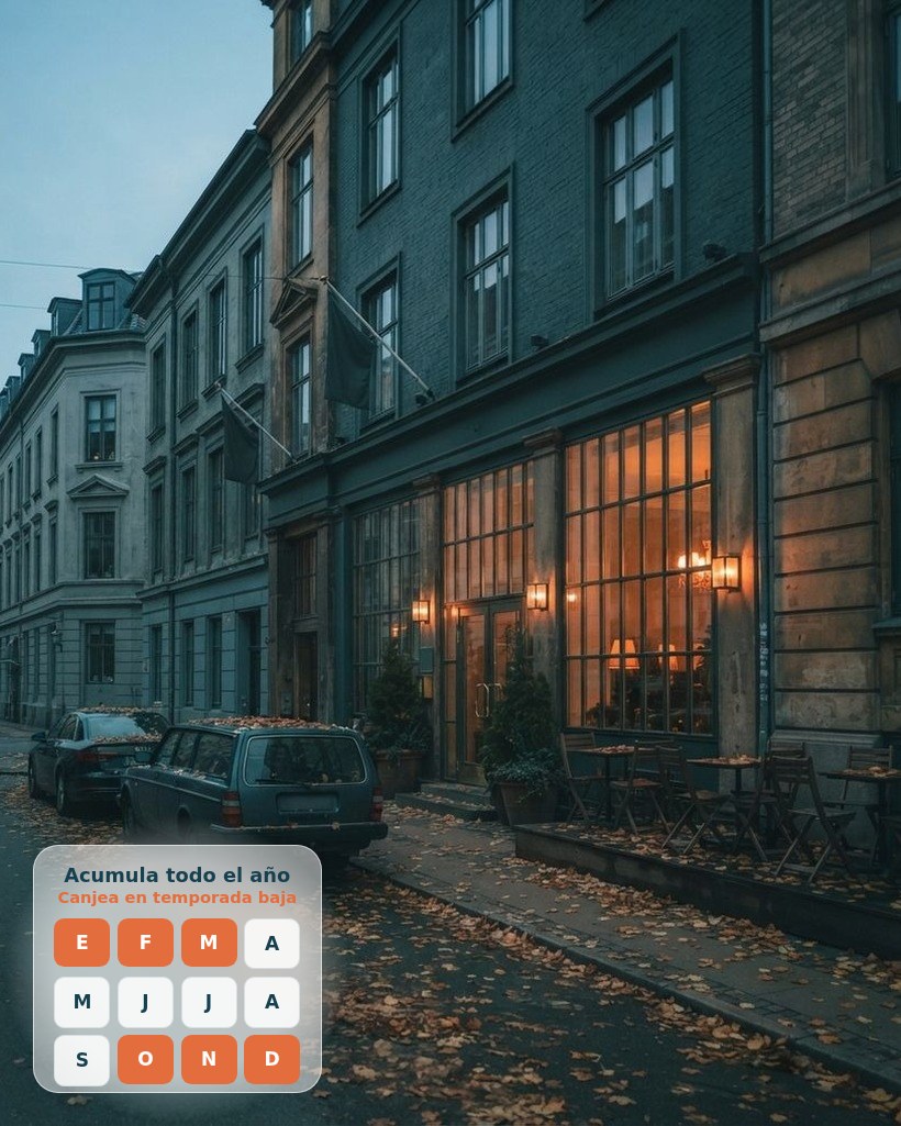 Fachada de un hotel en una calle con hojas de otoño, y un calendario de acumulación y canje