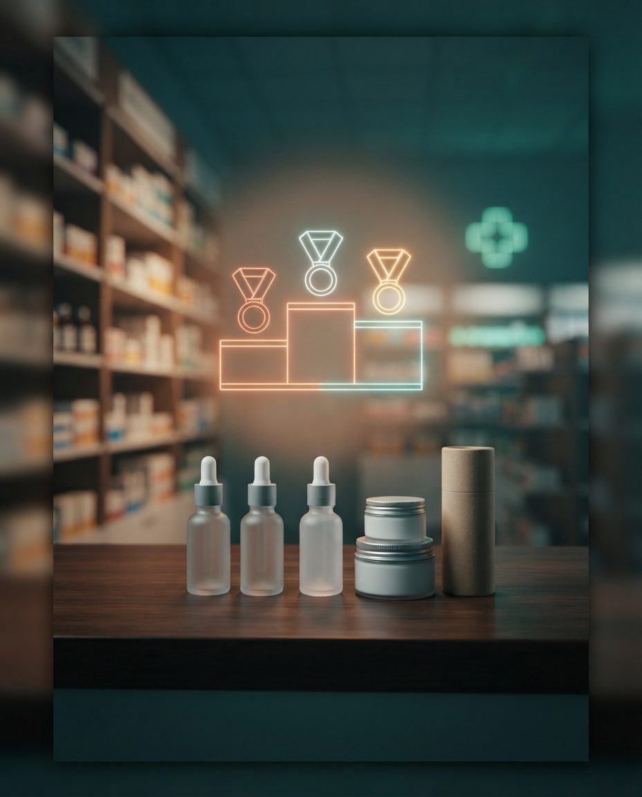 Parapharmacy products on a pharmacy counter with a holographic podium of medals representing member tiers