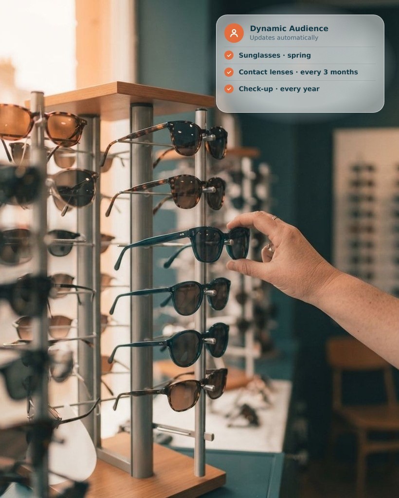 Customer reaching for sunglasses on an optical store display, and a dynamic audience by category