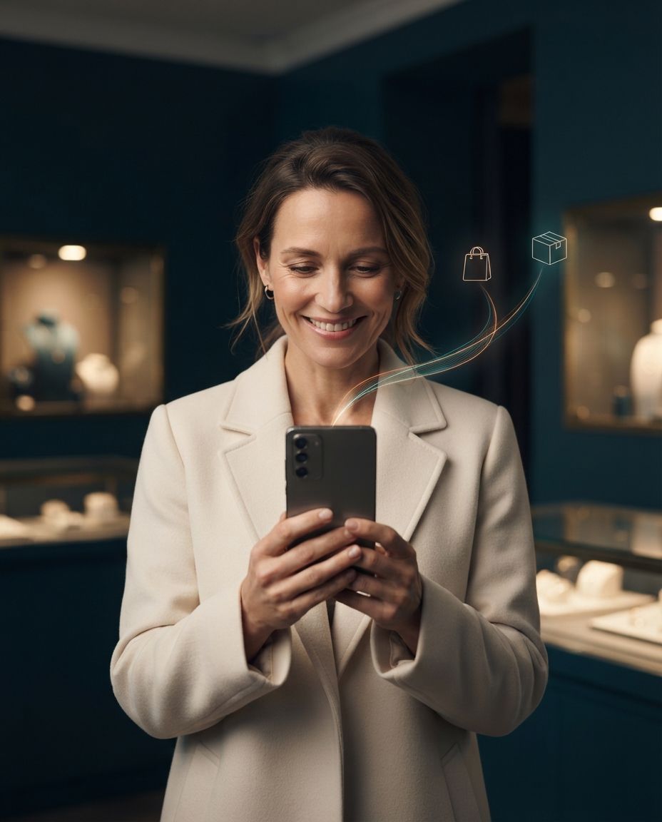 Customer in a jewelry store with her phone, with a trail of light leading to a shopping bag icon and a shipping package icon