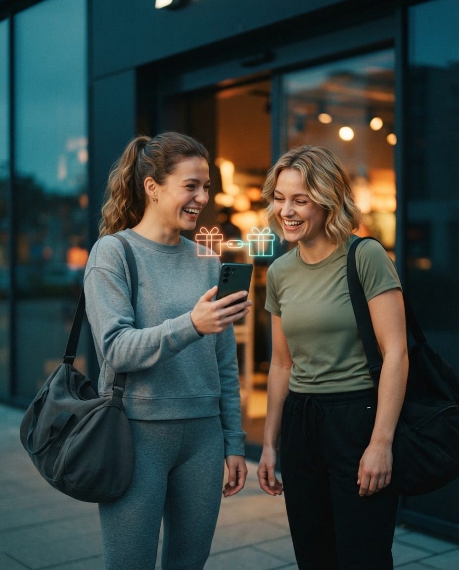 Two friends in sportswear with sports bags in front of a sports store door, one showing her phone, with two holographic gift icons joined by a link
