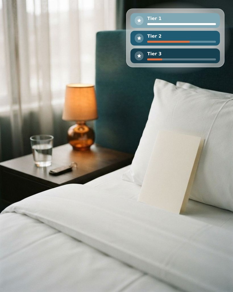 Hotel room with a welcome card on the pillow, and a card showing member tiers