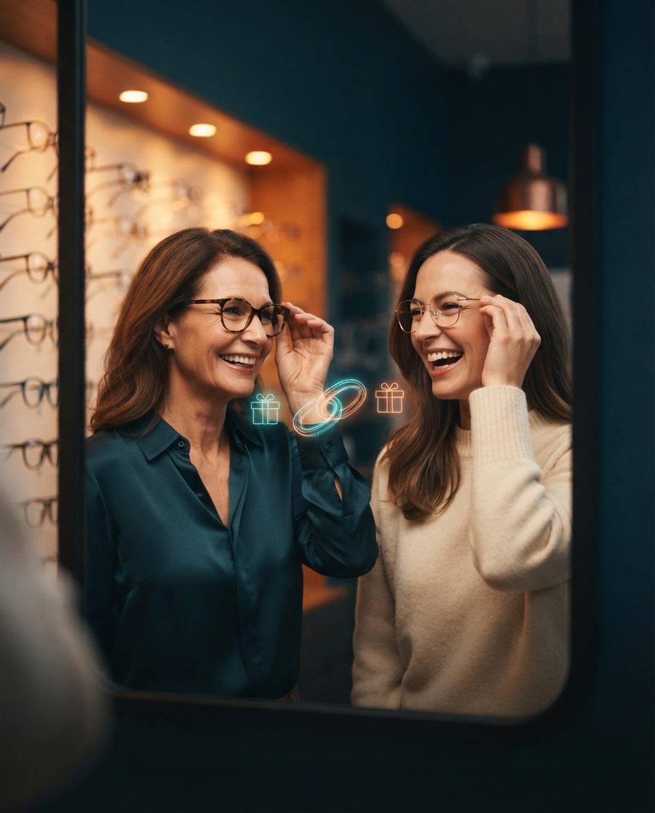 Two women, mother and daughter, trying on glasses in front of an optical store mirror with holographic gift icons joined by a link