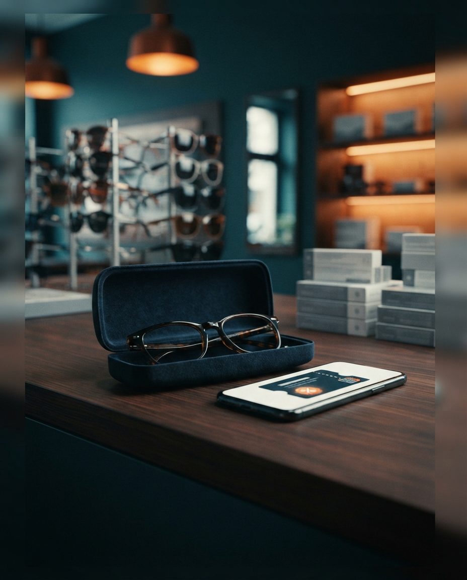 Glasses case and mobile phone with a coupon on an optical store counter
