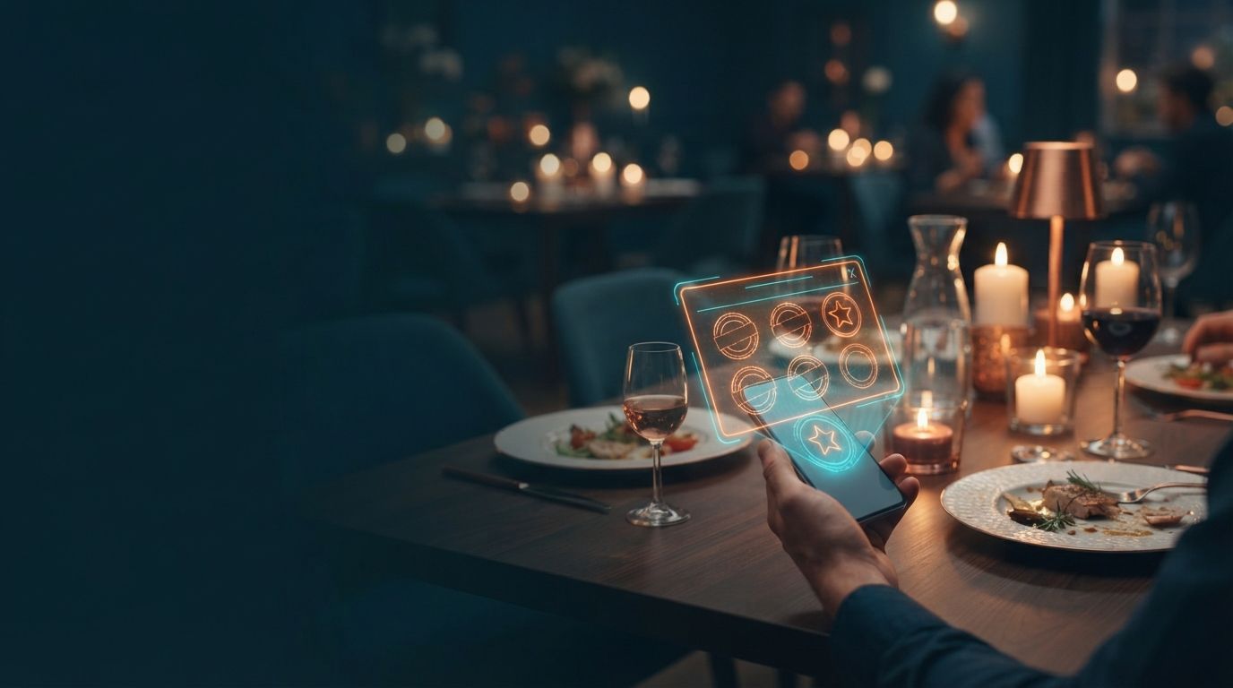 Restaurant table with a phone and a hologram of a digital stamp card
