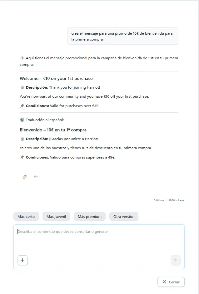 Example of Loyalty Assistant generating a promotion in several languages within Wapping Manager