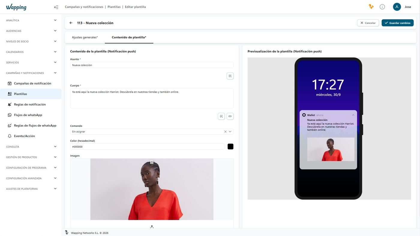Wapping Manager: push notification template editor with preview