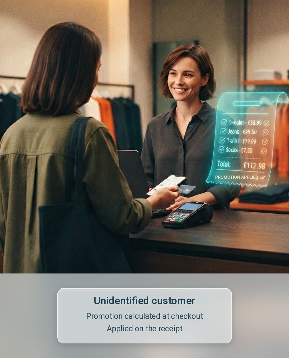 Customer paying with a phone and a card at the checkout of a clothing store, served by a smiling sales associate, with a holographic receipt floating beside her that lists the items, the total and a "Promotion applied" notice