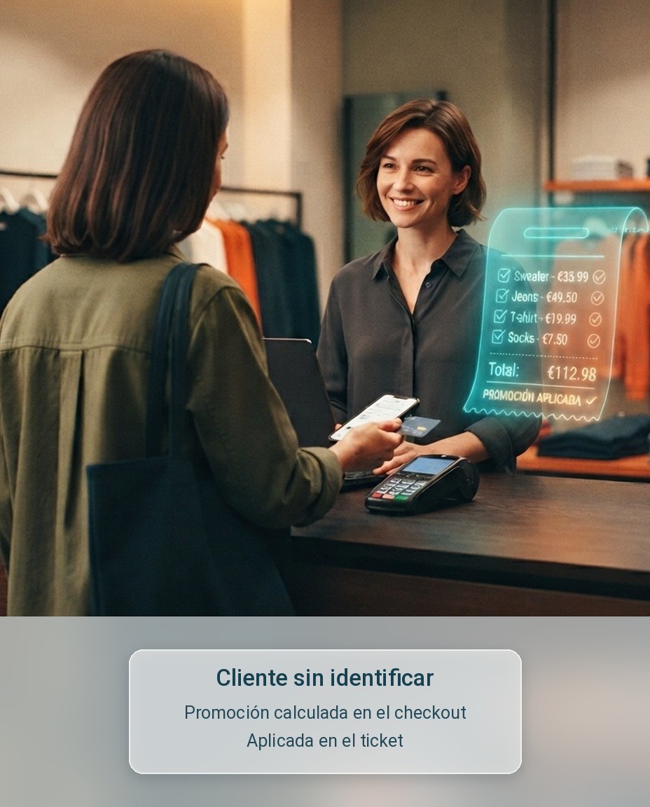 Cliente pagando con el móvil y la tarjeta en la caja de una tienda de ropa, atendido por una dependienta sonriente, con un ticket holográfico flotando junto a ella que lista las prendas, el total y el aviso «Promoción aplicada»