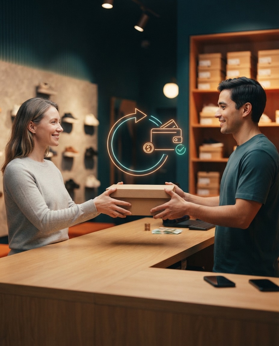 Shoe store counter where a customer returns a shoe box to a sales associate, with a holographic circular arrow leading from the box to a balance card with a coin and a green check