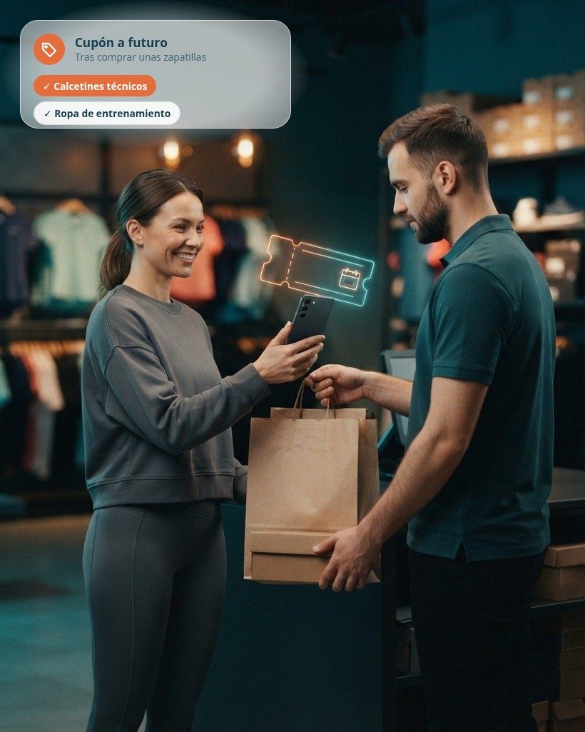 Clienta en la caja de una tienda de deporte recibiendo una bolsa de compra mientras sostiene su móvil, con un cupón holográfico con un icono de calendario flotando junto a él, y una tarjeta de cupón a futuro para calcetines técnicos y ropa de entrenamiento