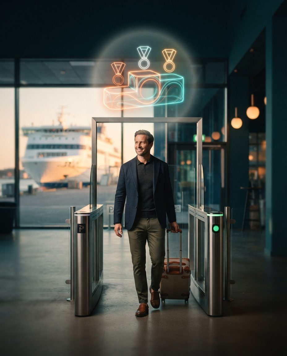 Frequent traveler with a suitcase crossing a priority boarding gate at a ferry terminal, with a holographic podium of medals above the gate