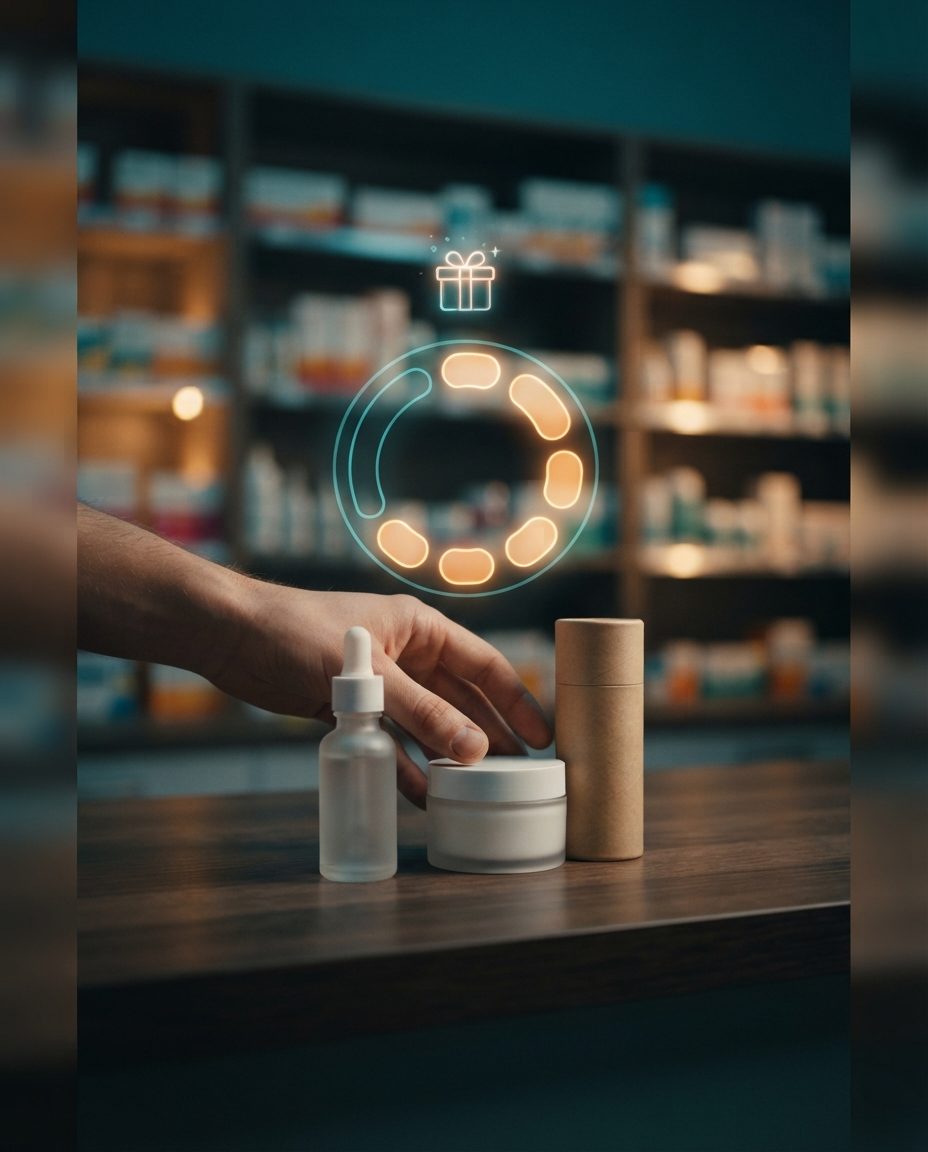 Parapharmacy products on a pharmacy counter with a holographic progress ring and a gift representing a challenge by category