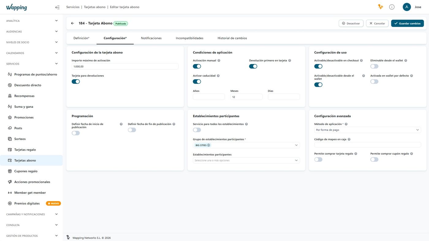 Wapping Manager: configuring a Deposit Card