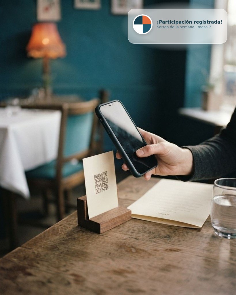 Cliente escaneando con el móvil un código QR sobre la mesa de un restaurante, y un aviso de participación en un sorteo