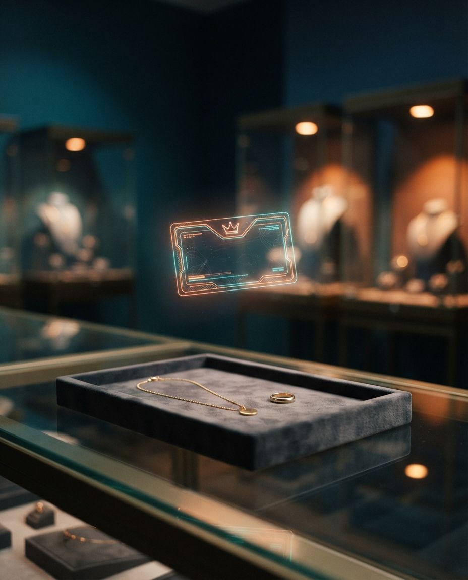 Glass jewelry counter with a few plain pieces on velvet and a holographic member card with a crown floating above it