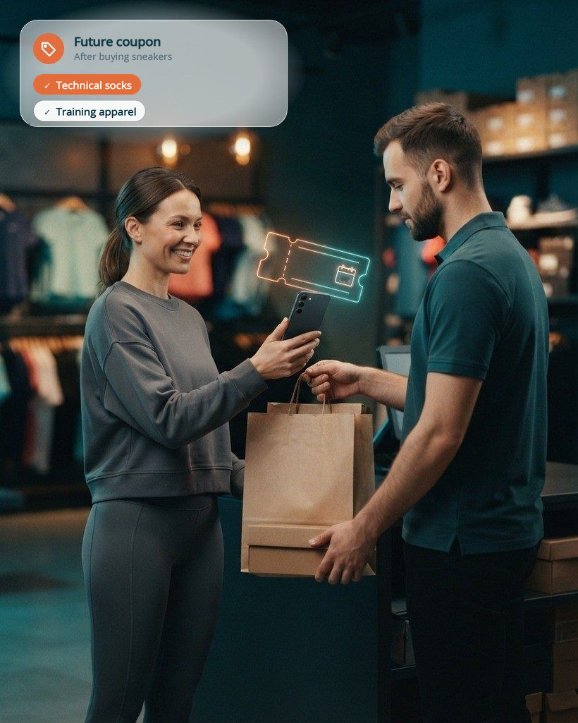 Customer at the checkout of a sports store receiving a shopping bag while holding her phone, with a holographic coupon with a calendar icon floating next to it, and a bounce-back coupon card for technical socks and training clothes
