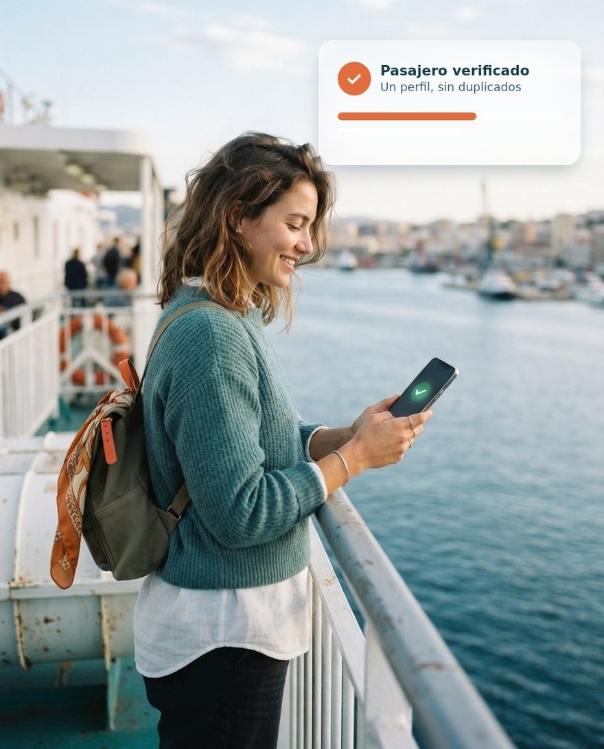 Pasajera en la cubierta de un ferry consultando en su móvil la verificación de su perfil, con una tarjeta de pasajero verificado
