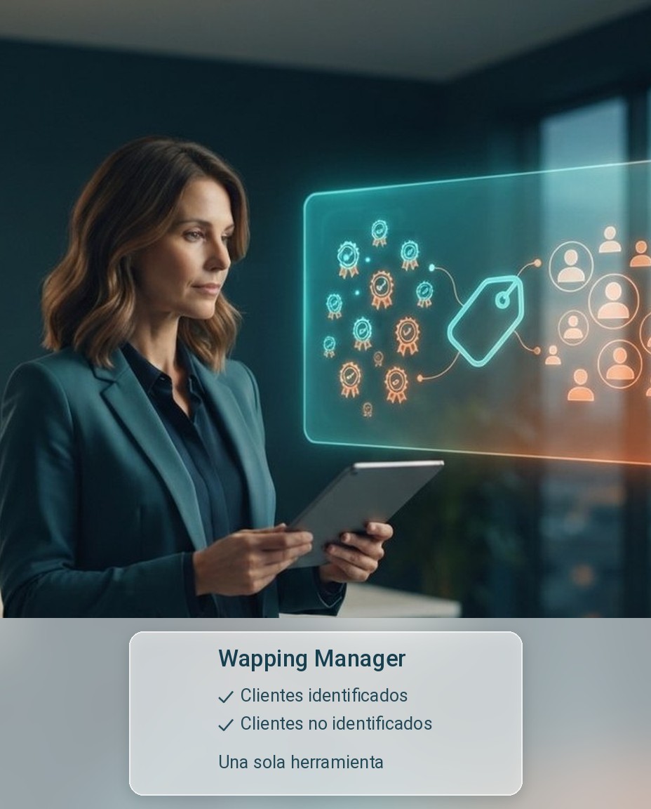 Responsable de marketing con una tablet ante un panel holográfico con dos grupos de puntos, uno con insignias de cliente identificado y otro de siluetas sin identificar, unidos por una misma etiqueta de promoción