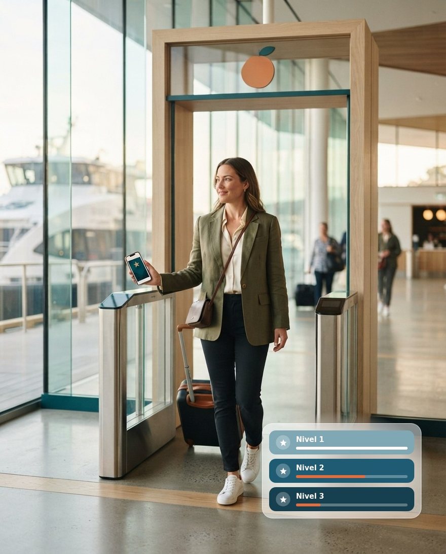 Traveler going through a priority boarding gate with her member pass on her phone, next to the member tiers
