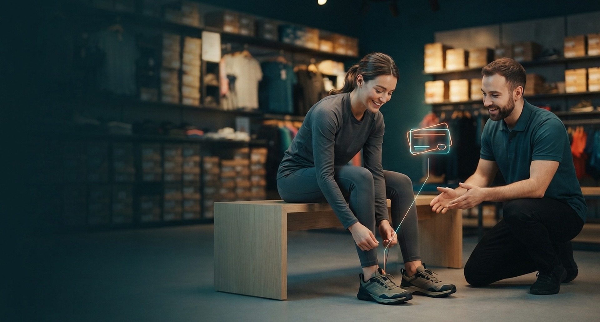 Customer tying her sneakers sitting on a bench in a sports store, with a sales associate crouching beside her and a holographic loyalty card icon floating