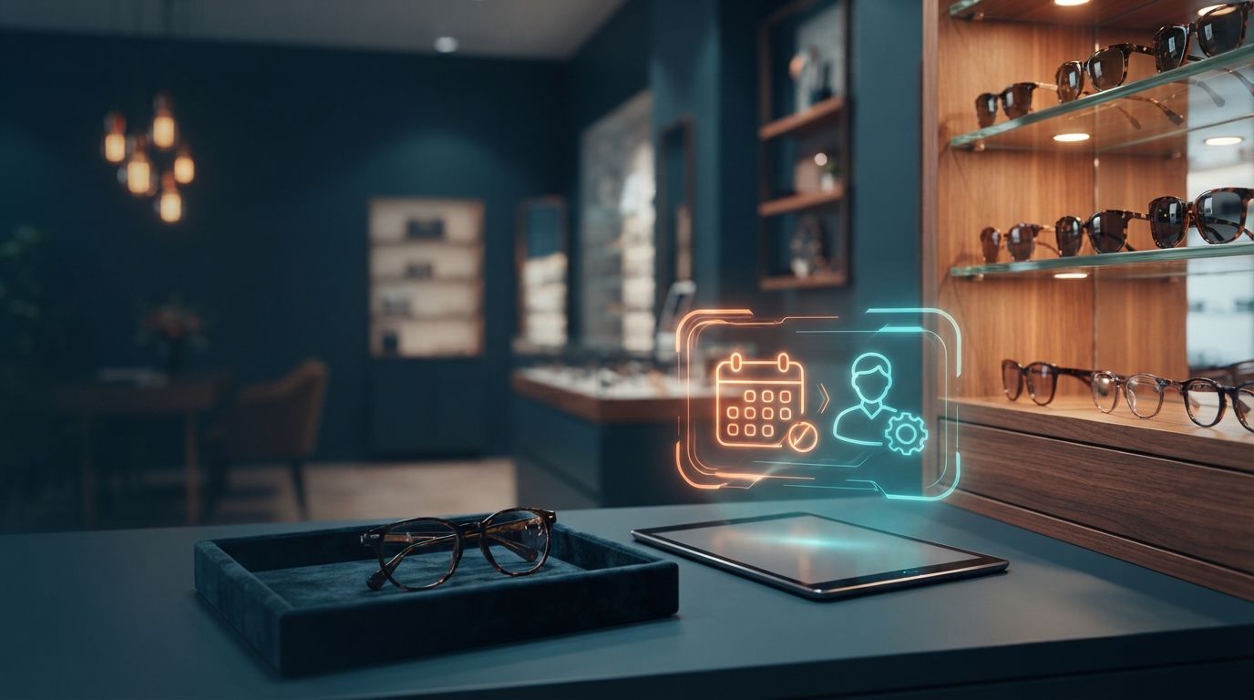 Optical store counter with glasses, a tablet and a holographic calendar and customer profile