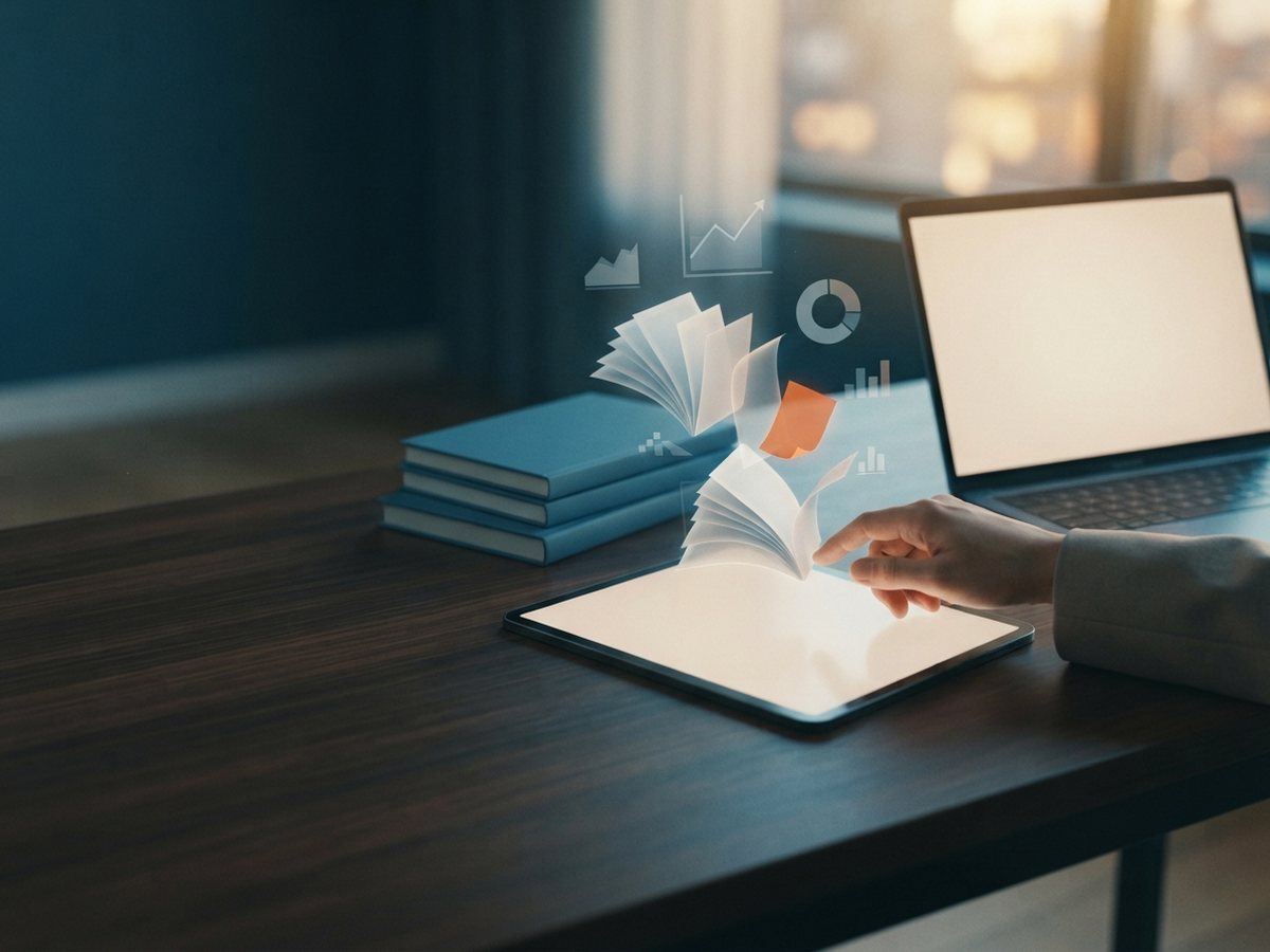 Biblioteca de ebooks y whitepapers de fidelización para retail | Wapping Tablet y portátil sobre una mesa con libros y páginas digitales flotantes con gráficos, que representan una biblioteca de ebooks y whitepapers de fidelización
