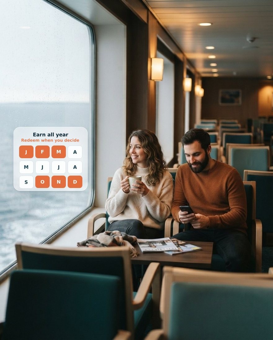 Couple by the window of a ferry lounge in the low season, with the earning and redemption calendar