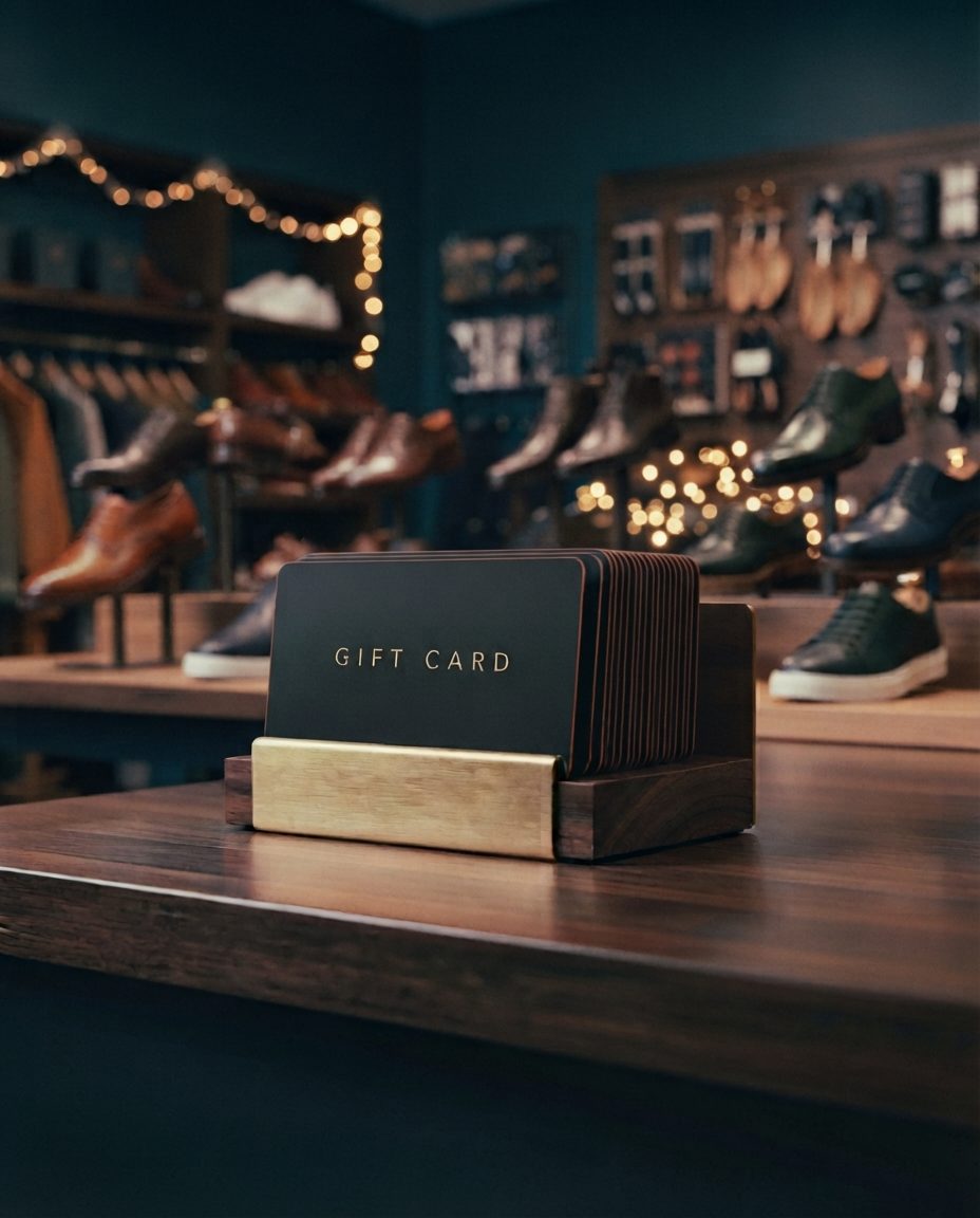 Brass and wood stand with black gift cards reading GIFT CARD on the wooden counter of a shoe store, with dress shoes and sneakers on displays in the background