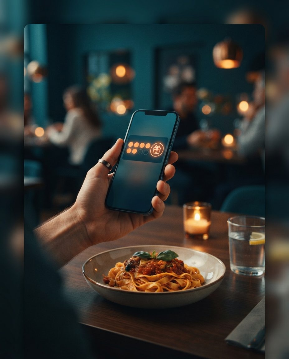Phone on a restaurant table with a nearly complete digital stamp card and a gift as the reward