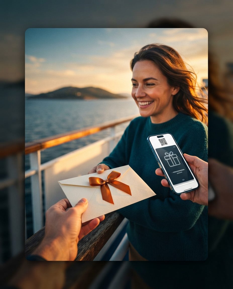Hand giving an envelope with an orange ribbon to a smiling woman on a ferry deck at sunset, with a phone showing a digital gift card with a QR code
