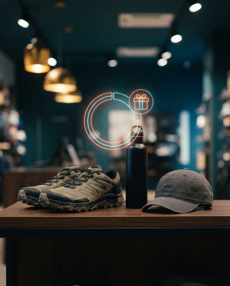 Trail running shoes, a bottle and a cap on a sports store shelf, with a holographic progress ring and a gift floating above